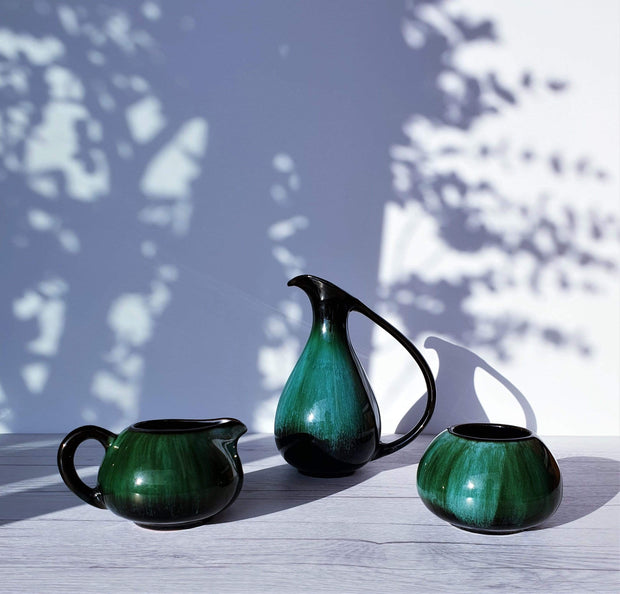 AnyesAttic Ceramic Blue Mountain Pottery 3 Piece Set in 'Boreal Forest' Green and Black Glaze Dripware, 1970s, Canadian