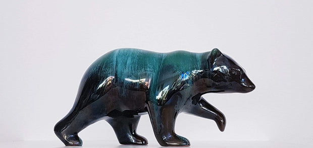 Blue Mountain Pottery Ceramic 1970s Canadian Blue Mountain Pottery Green and Black Glaze Drip Ware Ceramic Walking Bear Sculpture