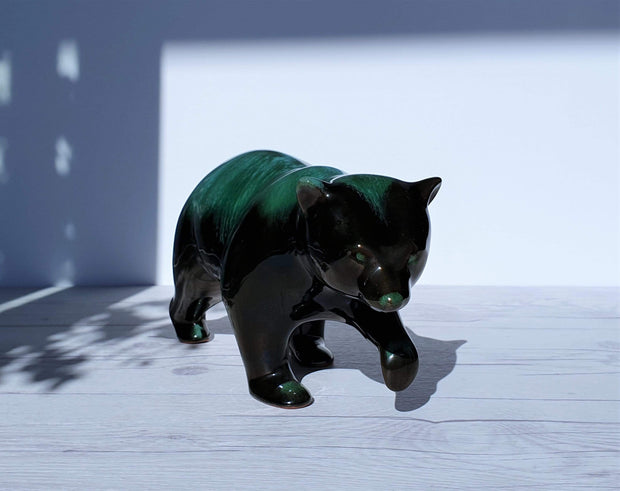 AnyesAttic Ceramic Blue Mountain Pottery Walking Bear Sculpture in Green and Black Glaze Drip Ware, 1970s, Canadian