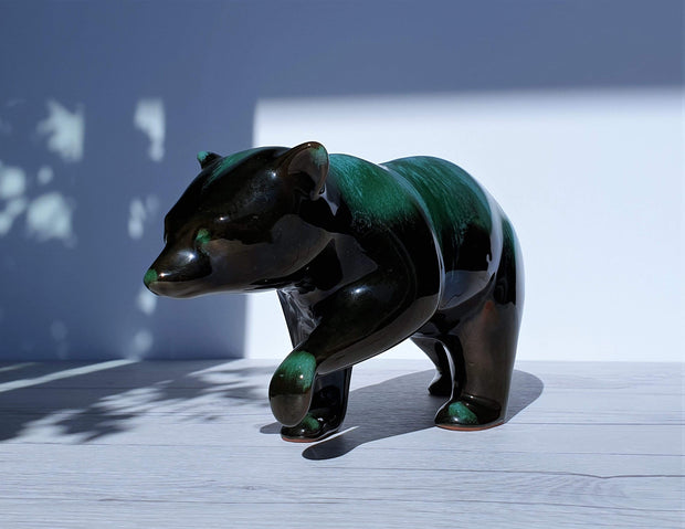 AnyesAttic Ceramic Blue Mountain Pottery Walking Bear Sculpture in Green and Black Glaze Drip Ware, 1970s, Canadian