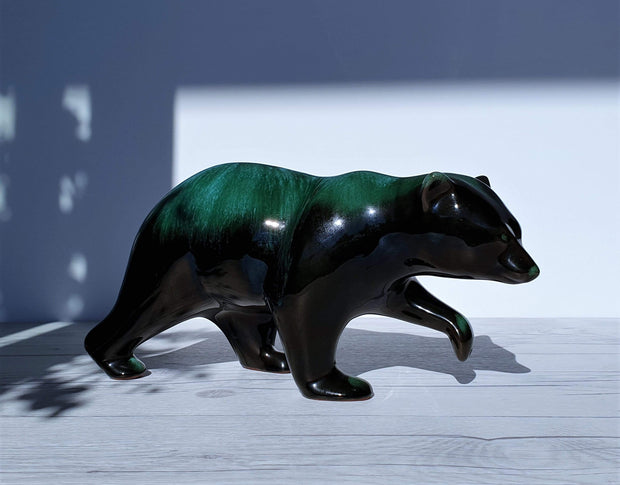 AnyesAttic Ceramic Blue Mountain Pottery Walking Bear Sculpture in Green and Black Glaze Drip Ware, 1970s, Canadian