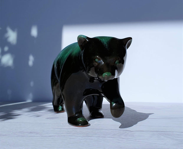 AnyesAttic Ceramic Blue Mountain Pottery Walking Bear Sculpture in Green and Black Glaze Drip Ware, 1970s, Canadian