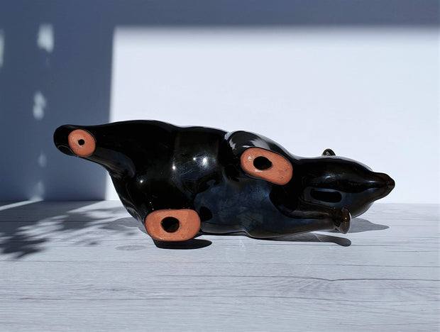 AnyesAttic Ceramic Blue Mountain Pottery Walking Bear Sculpture in Green and Black Glaze Drip Ware, 1970s, Canadian