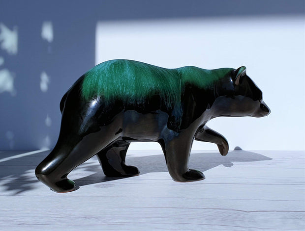 AnyesAttic Ceramic Blue Mountain Pottery Walking Bear Sculpture in Green and Black Glaze Drip Ware, 1970s, Canadian