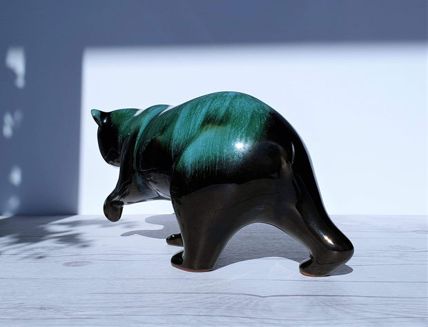 AnyesAttic Ceramic Blue Mountain Pottery Walking Bear Sculpture in Green and Black Glaze Drip Ware, 1970s, Canadian