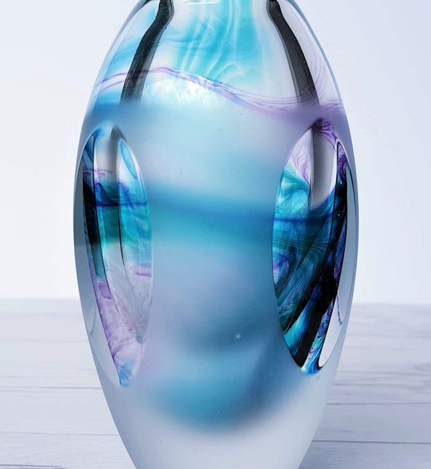 AnyesAttic Glass British Jane Charles Studio Glassworks 'Tidal' Series, Sandblasted and Faceted Art Glass Vase, 1990s