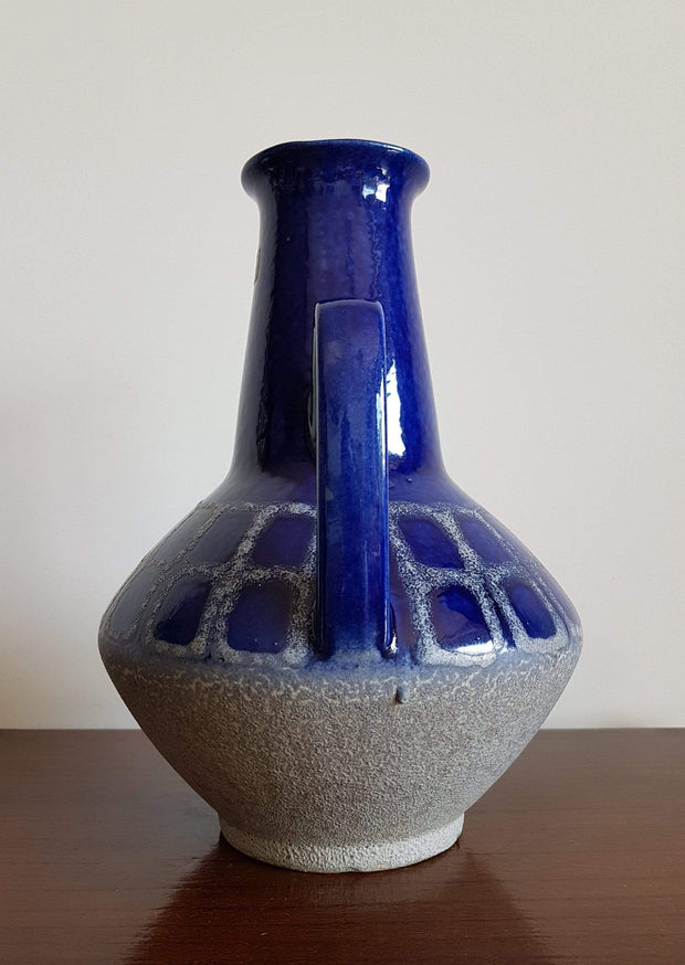 Carstens Keramik Ceramic 1970s West German Carstens Blue and Stone Glaze Decor Ceramic Floor Vase - Model 1507-27 (c. 11")