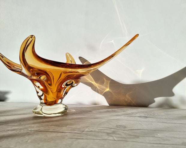 Chalet Glass Chalet Glassworks att. Handblown Honey Splash Twist Centrepiece Art Glass Dish, Canadian, 1960-70s