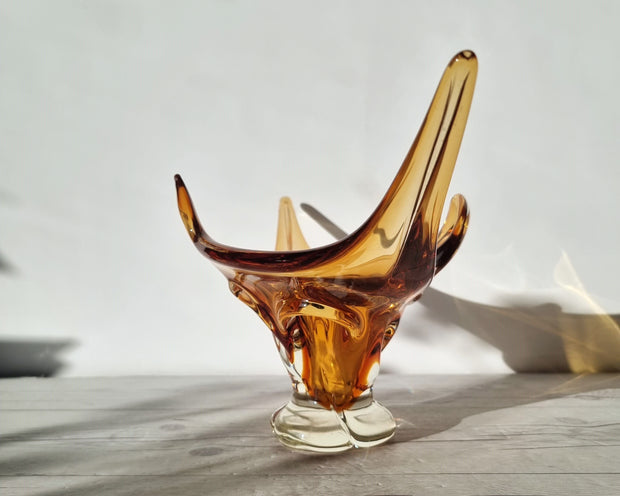 Chalet Glass Chalet Glassworks att. Handblown Honey Splash Twist Centrepiece Art Glass Dish, Canadian, 1960-70s