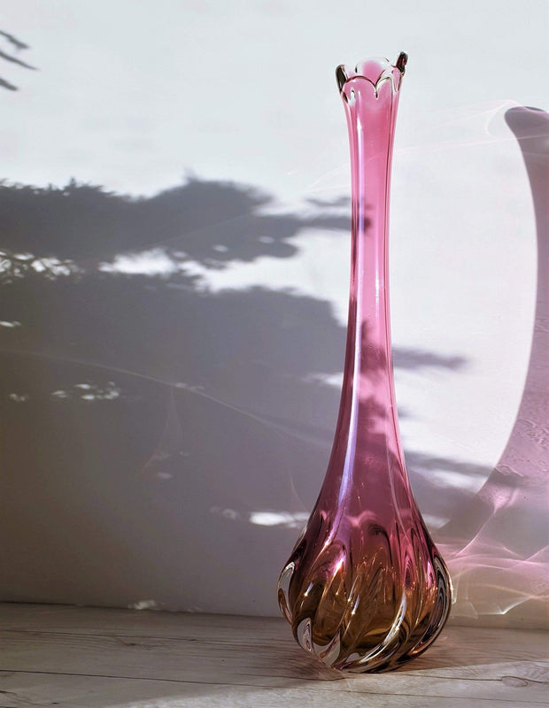 AnyesAttic Glass Chribska att. Josef Hospodka Sculptural Pink and Amber Art Glass Floor Vase | Czech, 1950s-60s, rare