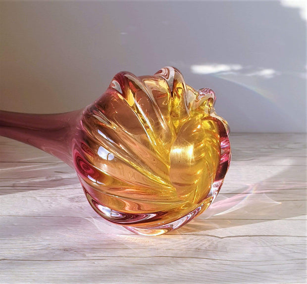 AnyesAttic Glass Chribska att. Josef Hospodka Sculptural Pink and Amber Art Glass Floor Vase | Czech, 1950s-60s, rare