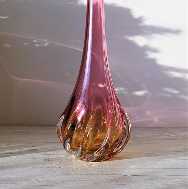 AnyesAttic Glass Chribska att. Josef Hospodka Sculptural Pink and Amber Art Glass Floor Vase | Czech, 1950s-60s, rare