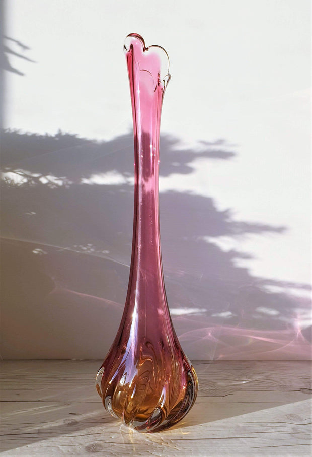 AnyesAttic Glass Chribska att. Josef Hospodka Sculptural Pink and Amber Art Glass Floor Vase | Czech, 1950s-60s, rare