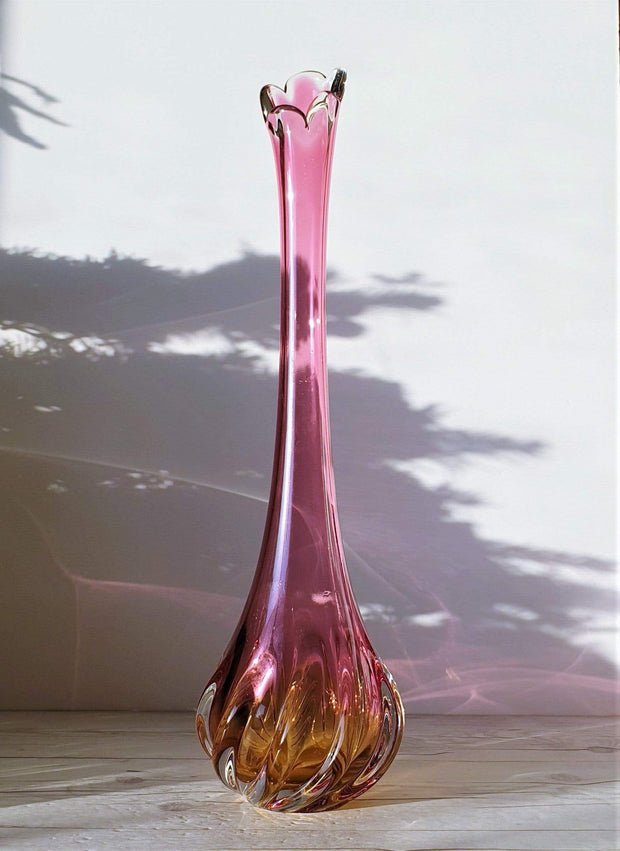 AnyesAttic Glass Chribska att. Josef Hospodka Sculptural Pink and Amber Art Glass Floor Vase | Czech, 1950s-60s, rare