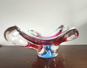 Chribska Glass Glass 1970s Pair of Czech Chribska Op Art Pink, Blue and White Trim Lobed Dishes, by Josef Hospodka