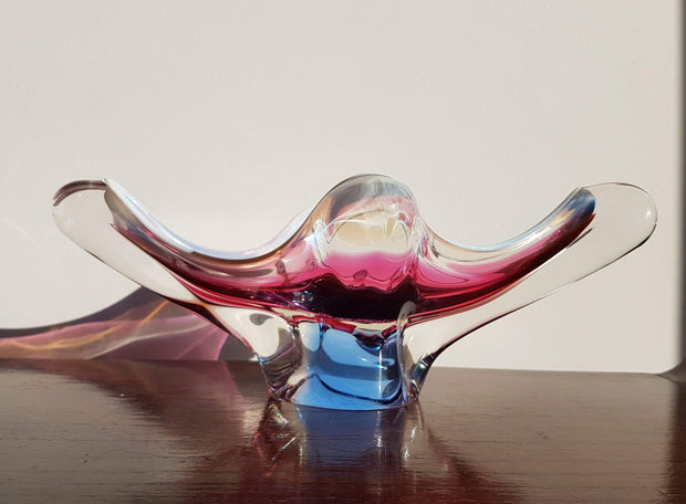 Chribska Glass Glass 1970s Pair of Czech Chribska Op Art Pink, Blue and White Trim Lobed Dishes, by Josef Hospodka