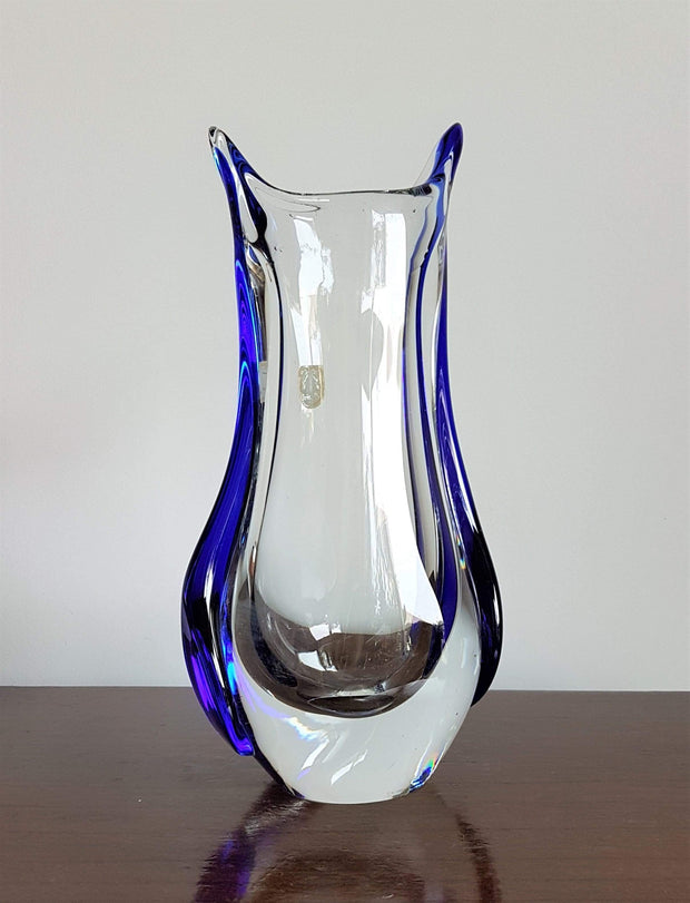 Chribska Glass Glass 1990s Czech Rubin (Chribska) Glassworks Bohemian Art Glass, Cobalt Blue Drop and Clear Vase