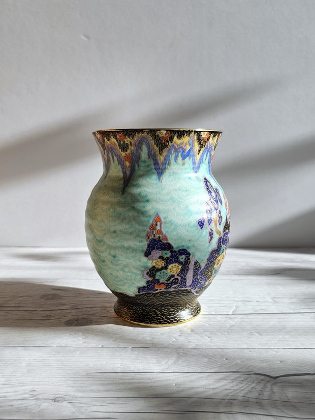 Crown Devon Ceramic Crown Devon, Mattajade Fairyland series by Enoch Boulton, Art Deco Powdered Teal Vase, 1930s