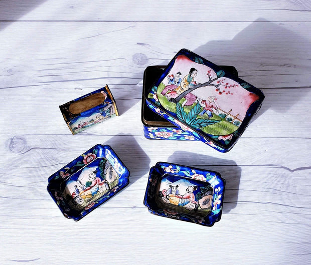 AnyesAttic Metals Early 20th C. Canton Enamel Peaches and Blossom Four Piece Tobacciana Set | Chinese, 1900s - 30s