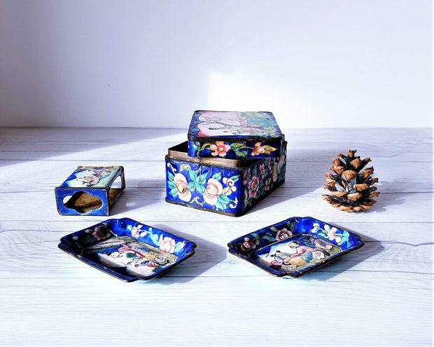 AnyesAttic Metals Early 20th C. Canton Enamel Peaches and Blossom Four Piece Tobacciana Set | Chinese, 1900s - 30s