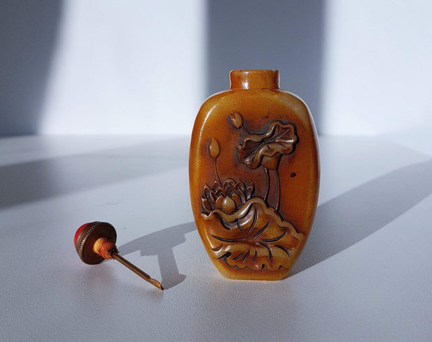 AnyesAttic Curio Early 20th Cen. Chinese Soapstone Zhusha Bottle and Seal with Carved Lotus and Lily Pad Relief