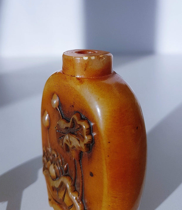 AnyesAttic Curio Early 20th Cen. Chinese Soapstone Zhusha Bottle and Seal with Carved Lotus and Lily Pad Relief