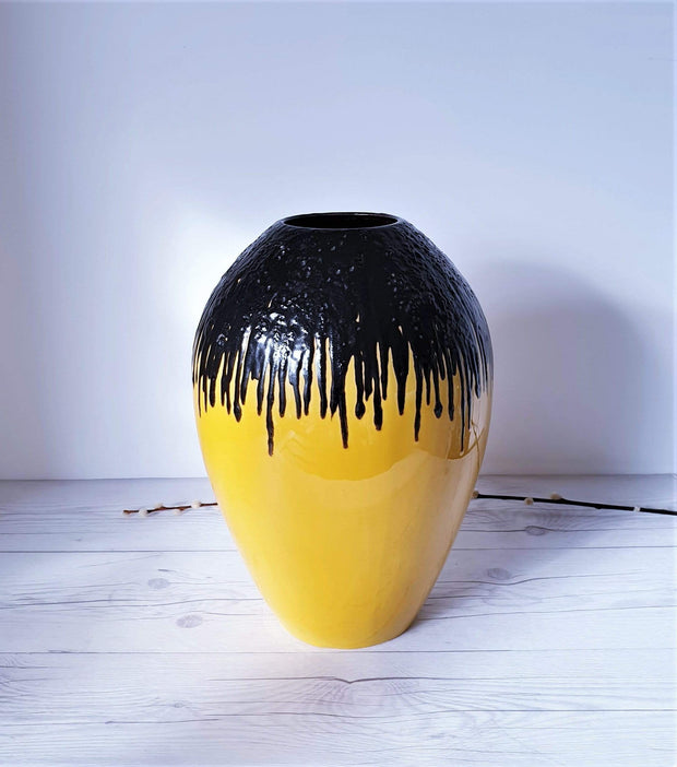 AnyesAttic Ceramic Emons & Sohne | ES Keramik Black Fat Lava and Yellow Ceramic Statement Floor Vase | 1960s-70s