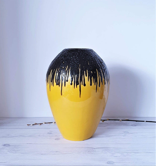 AnyesAttic Ceramic Emons & Sohne | ES Keramik Black Fat Lava and Yellow Ceramic Statement Floor Vase | 1960s-70s