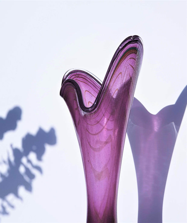 Erwin Eisch Glass Glass Erwin Eisch for Eisch Glashütte 1983 Iridescent Pulled Feather Matte Grape Purple Art Glass Vase