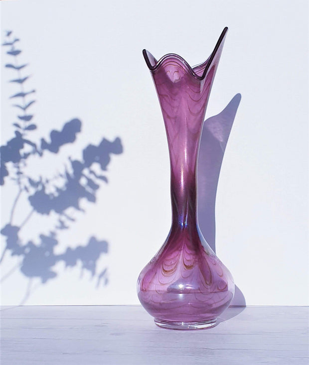 Erwin Eisch Glass Glass Erwin Eisch for Eisch Glashütte 1983 Iridescent Pulled Feather Matte Grape Purple Art Glass Vase