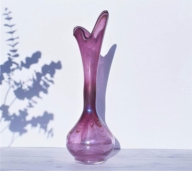 Erwin Eisch Glass Glass Erwin Eisch for Eisch Glashütte 1983 Iridescent Pulled Feather Matte Grape Purple Art Glass Vase