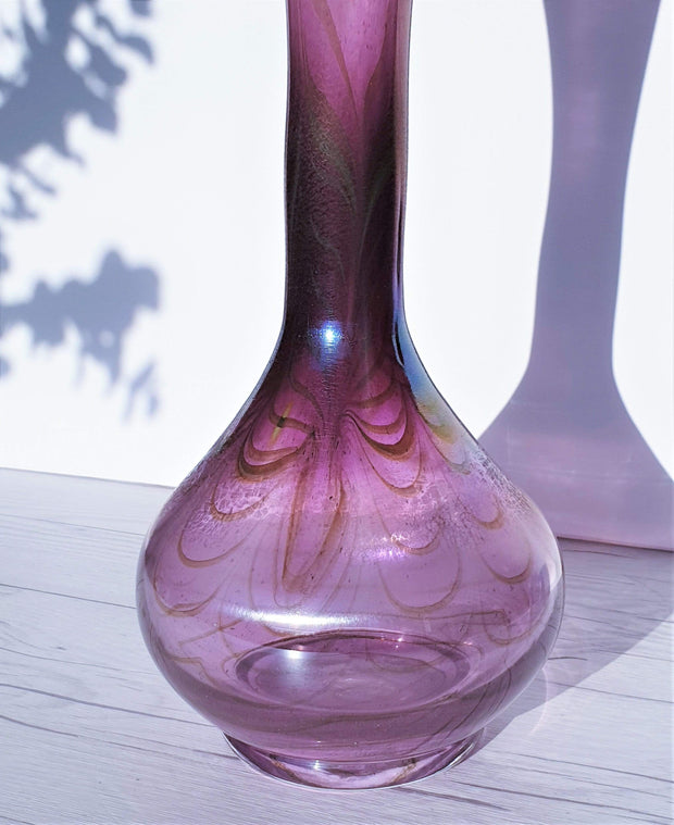 Erwin Eisch Glass Glass Erwin Eisch for Eisch Glashütte 1983 Iridescent Pulled Feather Matte Grape Purple Art Glass Vase