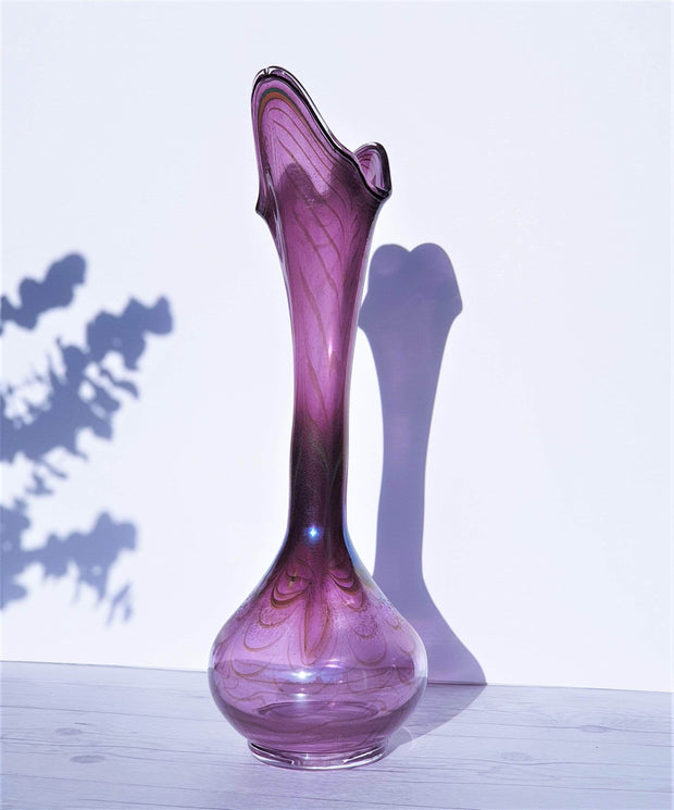 Erwin Eisch Glass Glass Erwin Eisch for Eisch Glashütte 1983 Iridescent Pulled Feather Matte Grape Purple Art Glass Vase