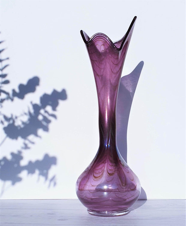Erwin Eisch Glass Glass Erwin Eisch for Eisch Glashütte 1983 Iridescent Pulled Feather Matte Grape Purple Art Glass Vase