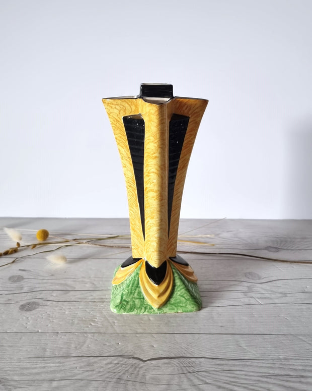 Etonia Ware Ceramic Etonia Ware, Art Deco Moderne, Elegant Series Yellow, Black and Green Segmented Vase, 1920s-30s