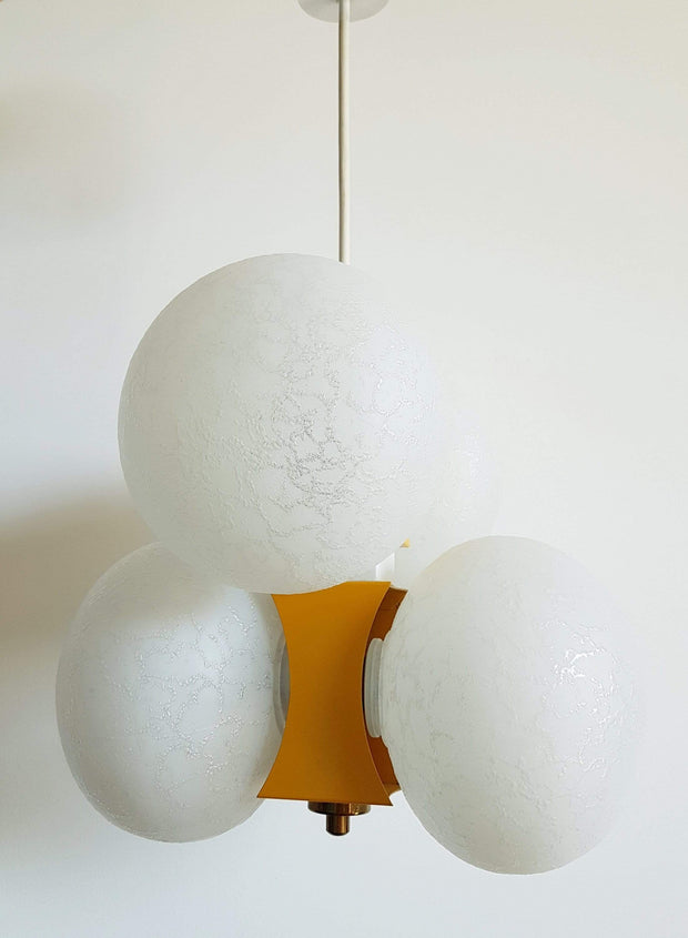 European Lighting 1970s Mid Century Modernist Space-Age Yellow and Textured White Glass Globe Pendant Ceiling Light