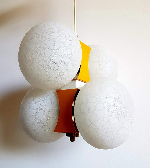 European Lighting 1970s Mid Century Modernist Space-Age Yellow and Textured White Glass Globe Pendant Ceiling Light
