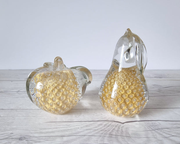 FM Konstglas Glass DRAFT 1960s Pair of Fare Marcolin Gold Bullicante Fruits, Apple and Pear