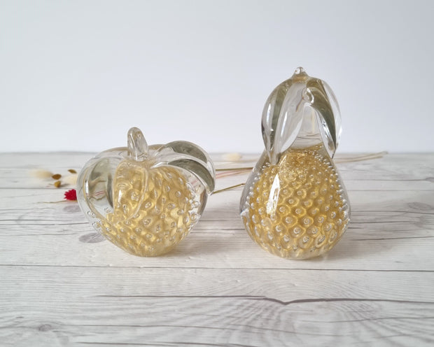 FM Konstglas Glass DRAFT 1960s Pair of Fare Marcolin Gold Bullicante Fruits, Apple and Pear