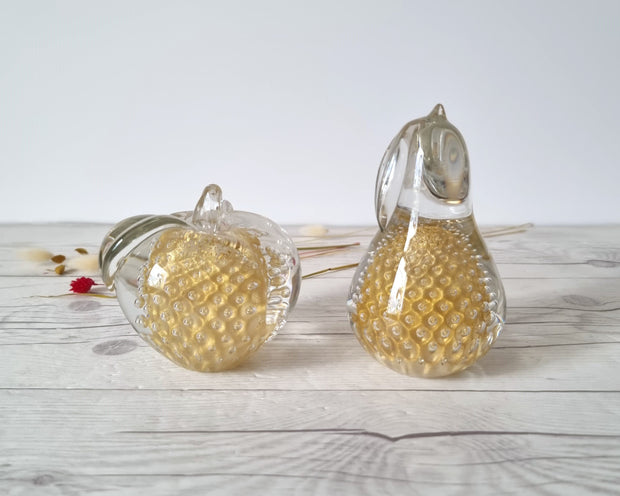 FM Konstglas Glass DRAFT 1960s Pair of Fare Marcolin Gold Bullicante Fruits, Apple and Pear