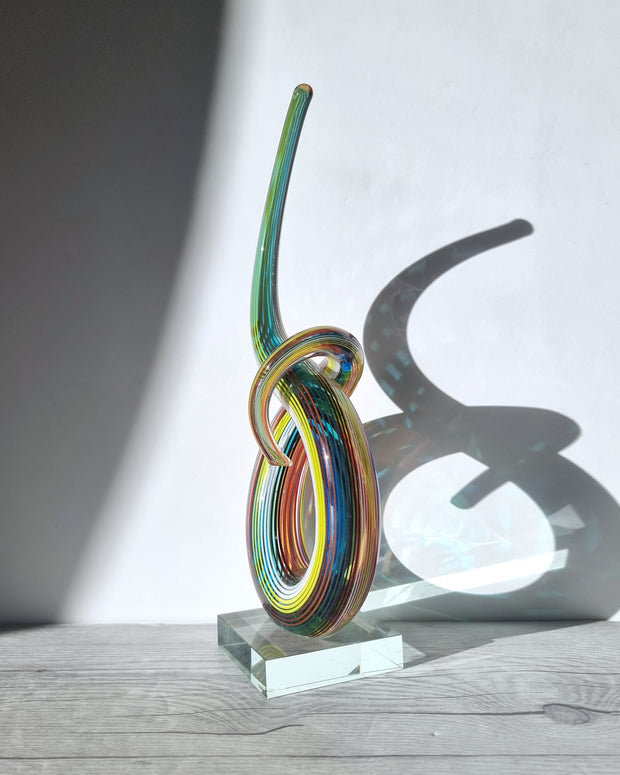 Murano Glass Filigrana Love Knot in White, Blue, Yellow and Red Palette, Abstract Art Glass Sculpture, 1980s-90s