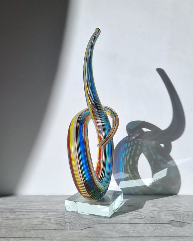 Murano Glass Filigrana Love Knot in White, Blue, Yellow and Red Palette, Abstract Art Glass Sculpture, 1980s-90s