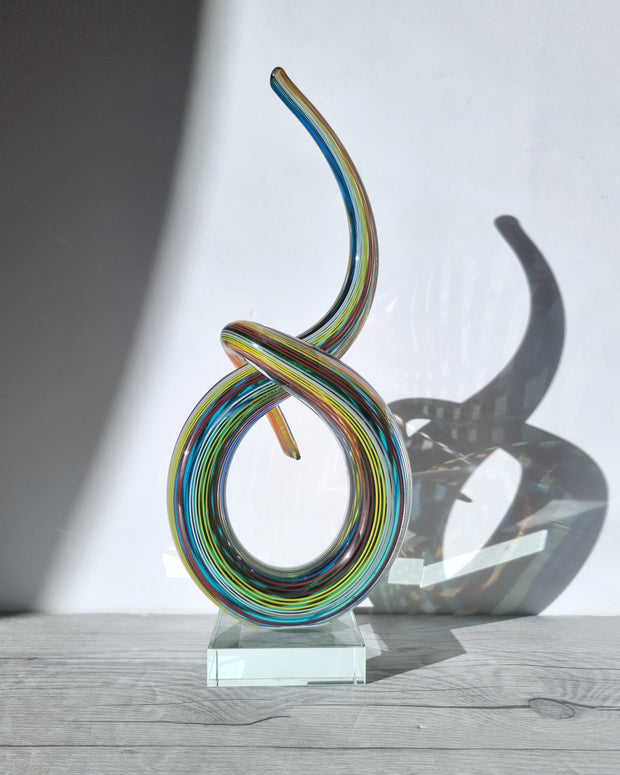 Murano Glass Filigrana Love Knot in White, Blue, Yellow and Red Palette, Abstract Art Glass Sculpture, 1980s-90s