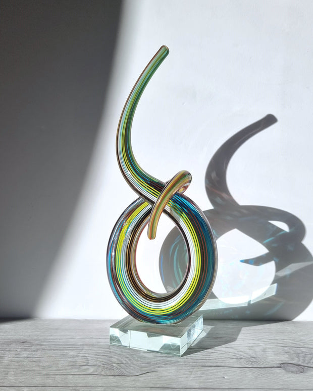 Murano Glass Filigrana Love Knot in White, Blue, Yellow and Red Palette, Abstract Art Glass Sculpture, 1980s-90s