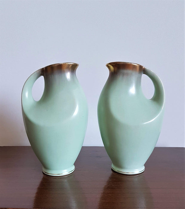 AnyesAttic Ceramic Fohr Keramik, Pair of Pale Green and Gold Trim Sculpted Ceramic Pitcher Vases, 1950s - 60s, W German