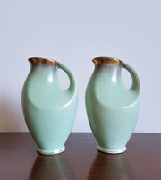 AnyesAttic Ceramic Fohr Keramik, Pair of Pale Green and Gold Trim Sculpted Ceramic Pitcher Vases, 1950s - 60s, W German