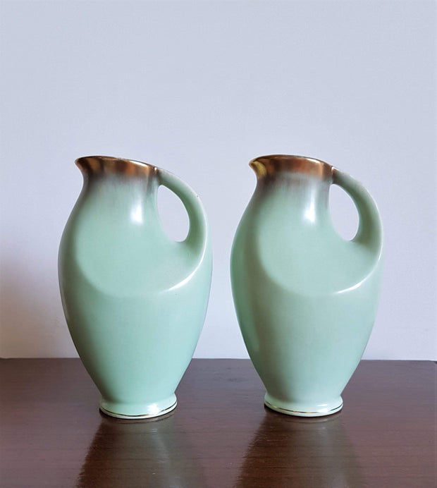 AnyesAttic Ceramic Fohr Keramik, Pair of Pale Green and Gold Trim Sculpted Ceramic Pitcher Vases, 1950s - 60s, W German