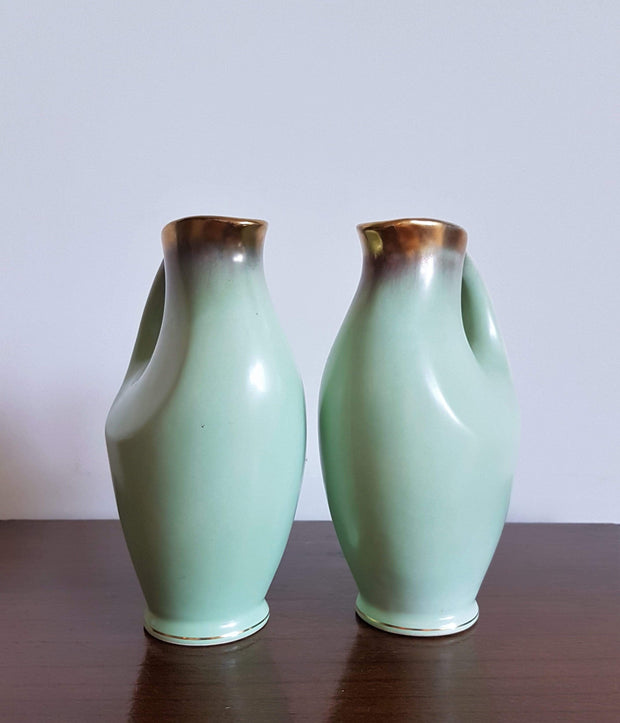 AnyesAttic Ceramic Fohr Keramik, Pair of Pale Green and Gold Trim Sculpted Ceramic Pitcher Vases, 1950s - 60s, W German