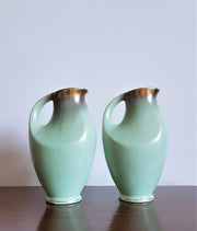 AnyesAttic Ceramic Fohr Keramik, Pair of Pale Green and Gold Trim Sculpted Ceramic Pitcher Vases, 1950s - 60s, W German