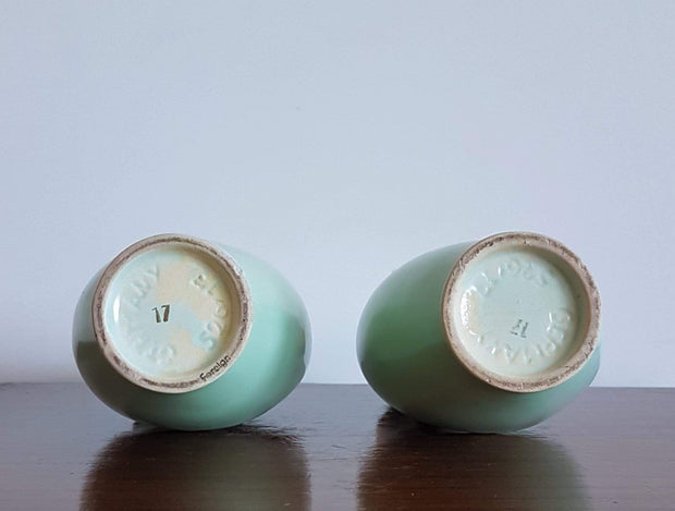 AnyesAttic Ceramic Fohr Keramik, Pair of Pale Green and Gold Trim Sculpted Ceramic Pitcher Vases, 1950s - 60s, W German